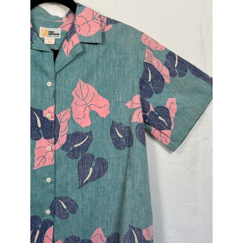70s Vintage Hawaiian Reyn Spooner Teal Pink Anthurium Leaf Cotton Shirt Mens L